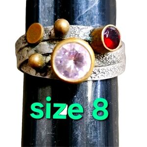 Mid century modern sterling silver ring pink red stones size 8 un…